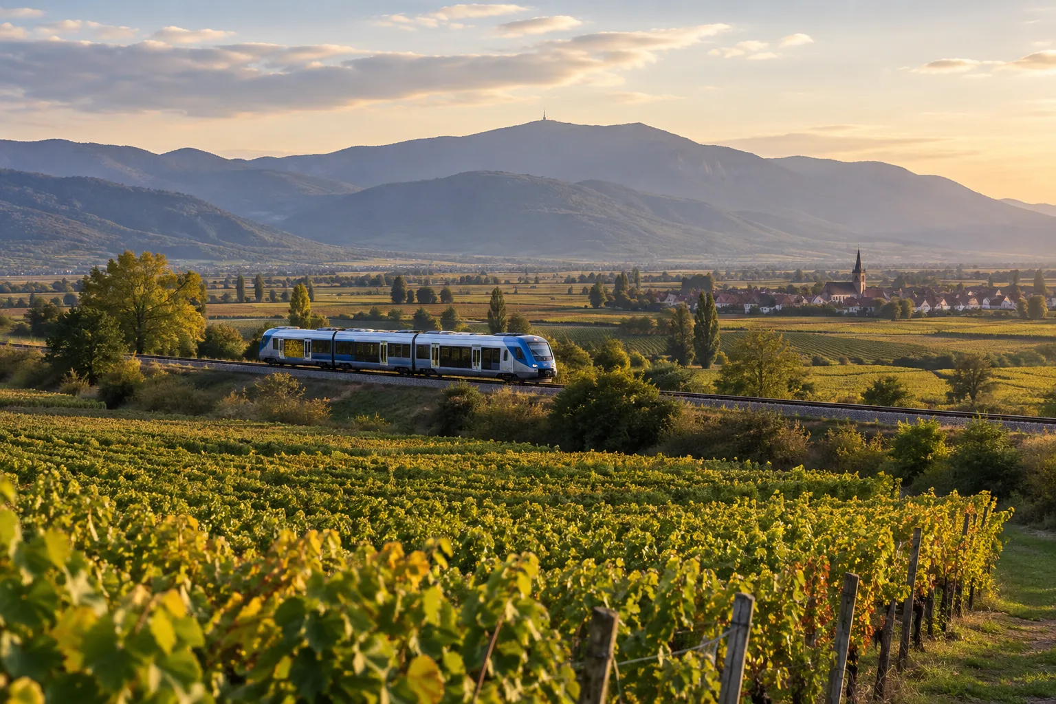 Un train régional traverse la plaine viticole alsacienne avec les Vosges en arrière-plan.