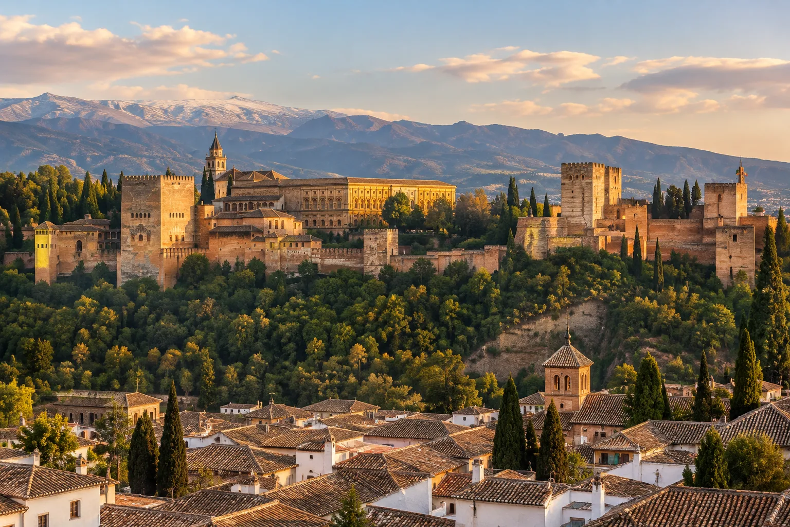 Vue de l’Alhambra et des toits de Grenade sous la lumière de fin d’après-midi.