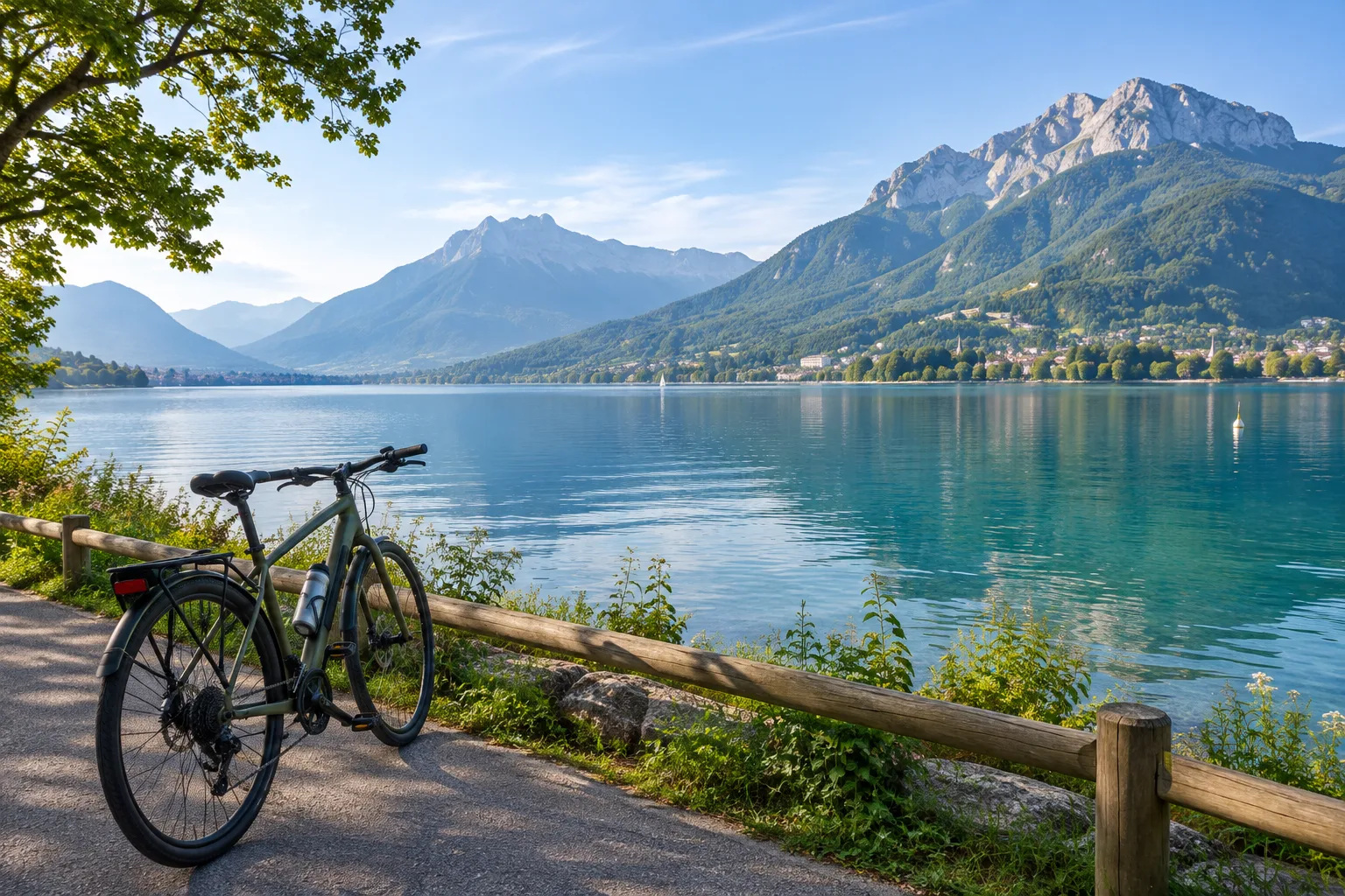 Piste cyclable au bord du lac d’Annecy avec les montagnes en arrière-plan.