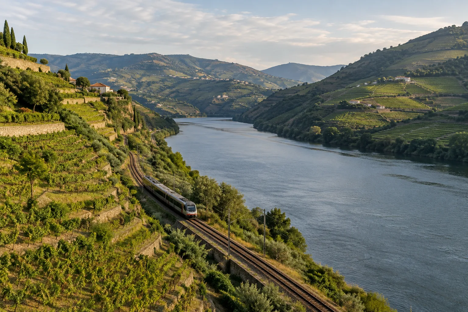 Un train longe le Douro au pied des coteaux couverts de vignes en terrasses.